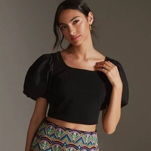 Anthropologie Black Puff Sleeve Top Wrap Top Tie Back 100% Cotton